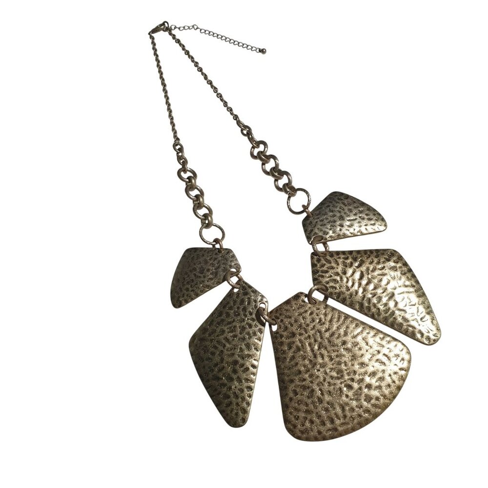 Large Hammered Gold Tone Statement Necklace Geometric Shapes Adjustable Costume